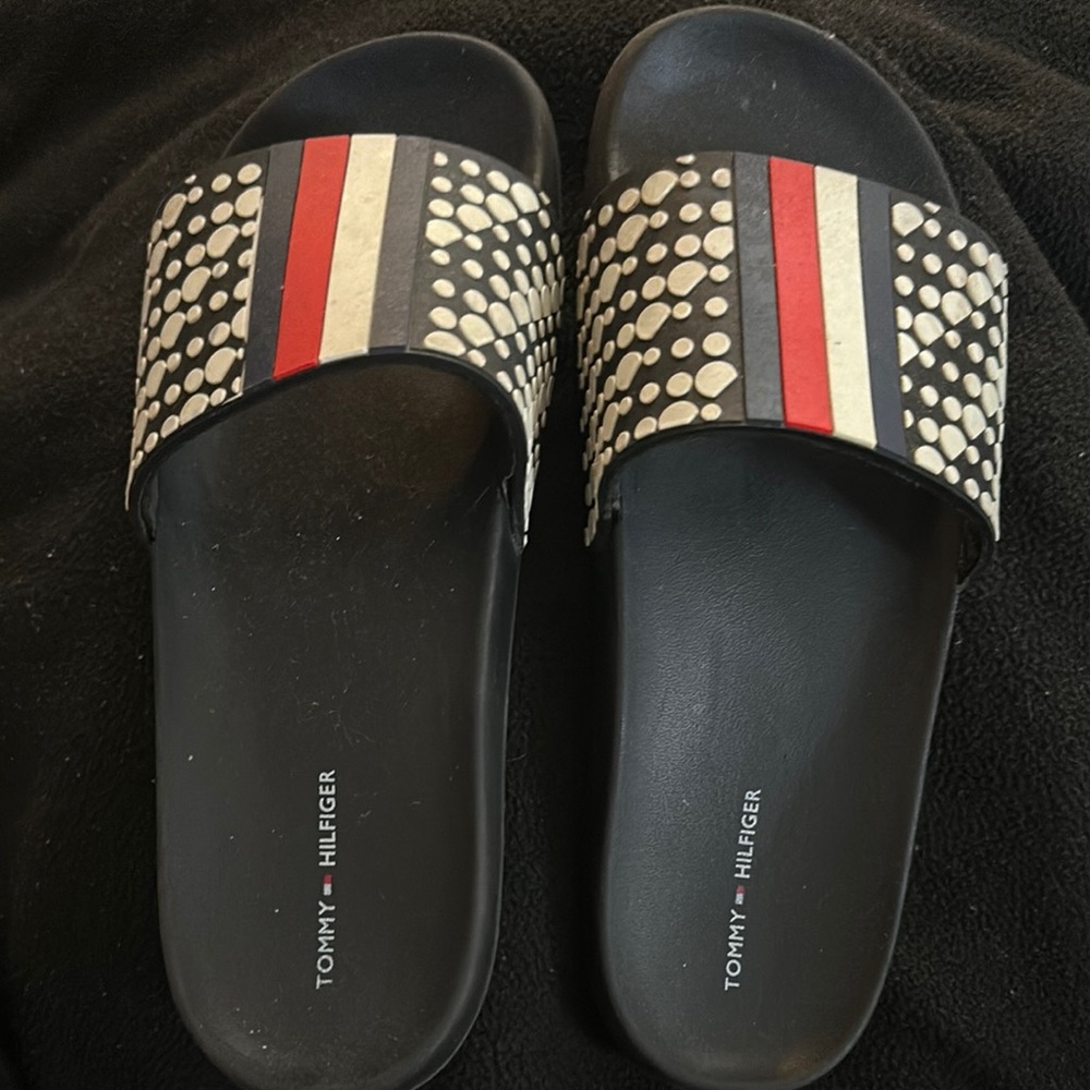 Tommy Hilfiger Black and Red Slide Sandals
